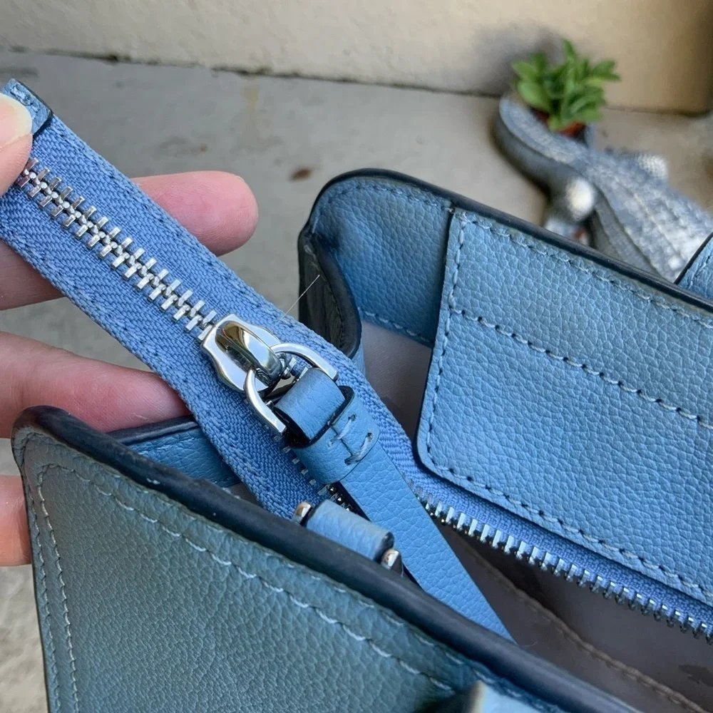 Kate Spade Rowe Dusty Blue Medium Top Zip Pebble Leather Satchel Purse Bag